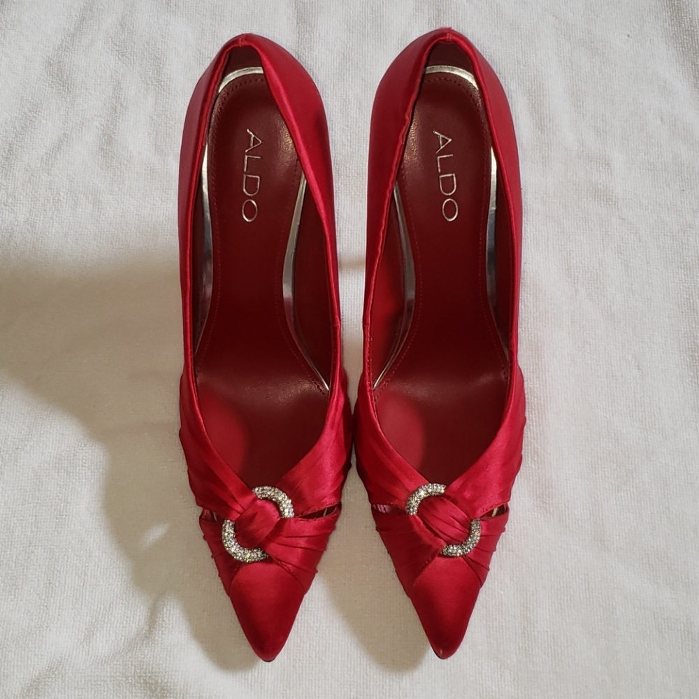 Red satin Aldo pointy toe pumps with rhinestones